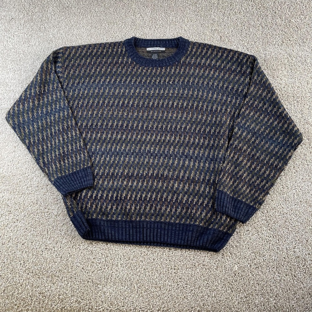 Vintage Geoffrey Beene Sweater Mens XL Blue Geometric Tight‎ Knit Crewneck